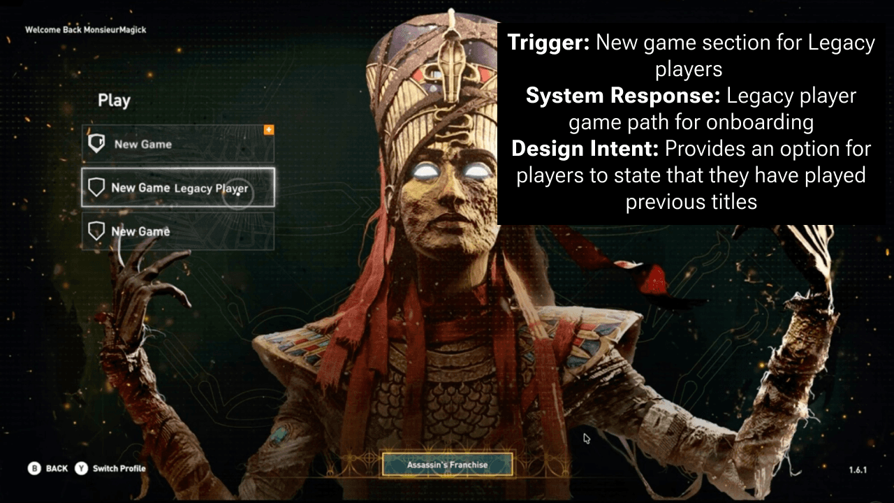 Annotated Assassin's Creed Origins onboarding overlay, take 1