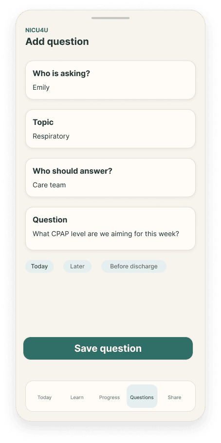 Add question NICU4U question flow screen