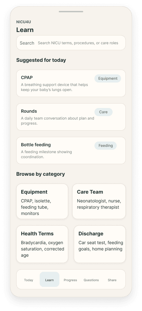 Learn home NICU4U learn screen