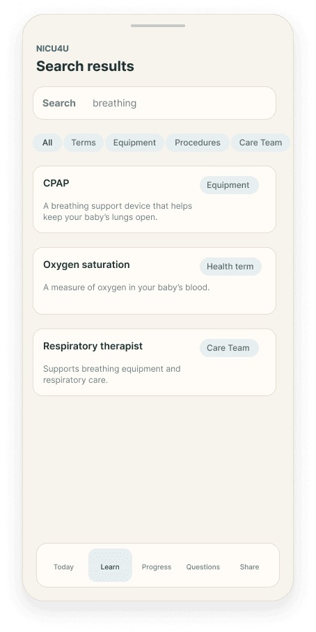 Search results NICU4U learn screen