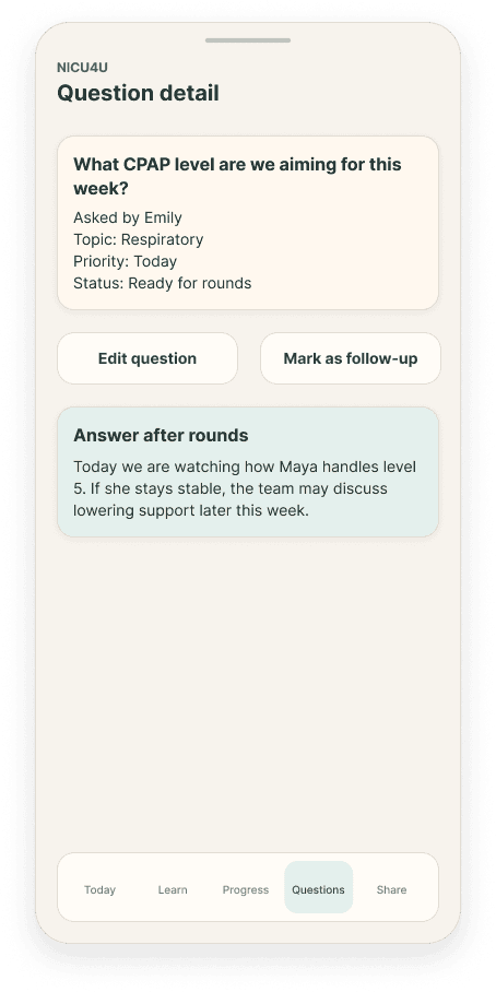 Question detail NICU4U question flow screen