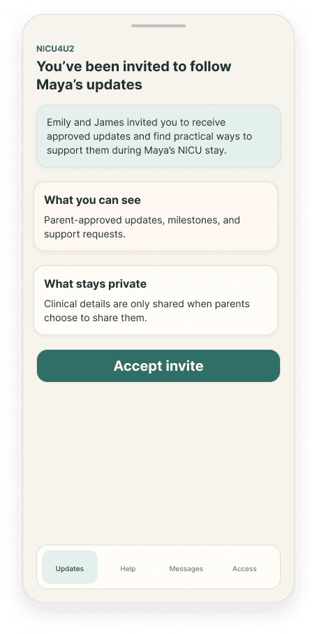 Support invite NICU family support screen