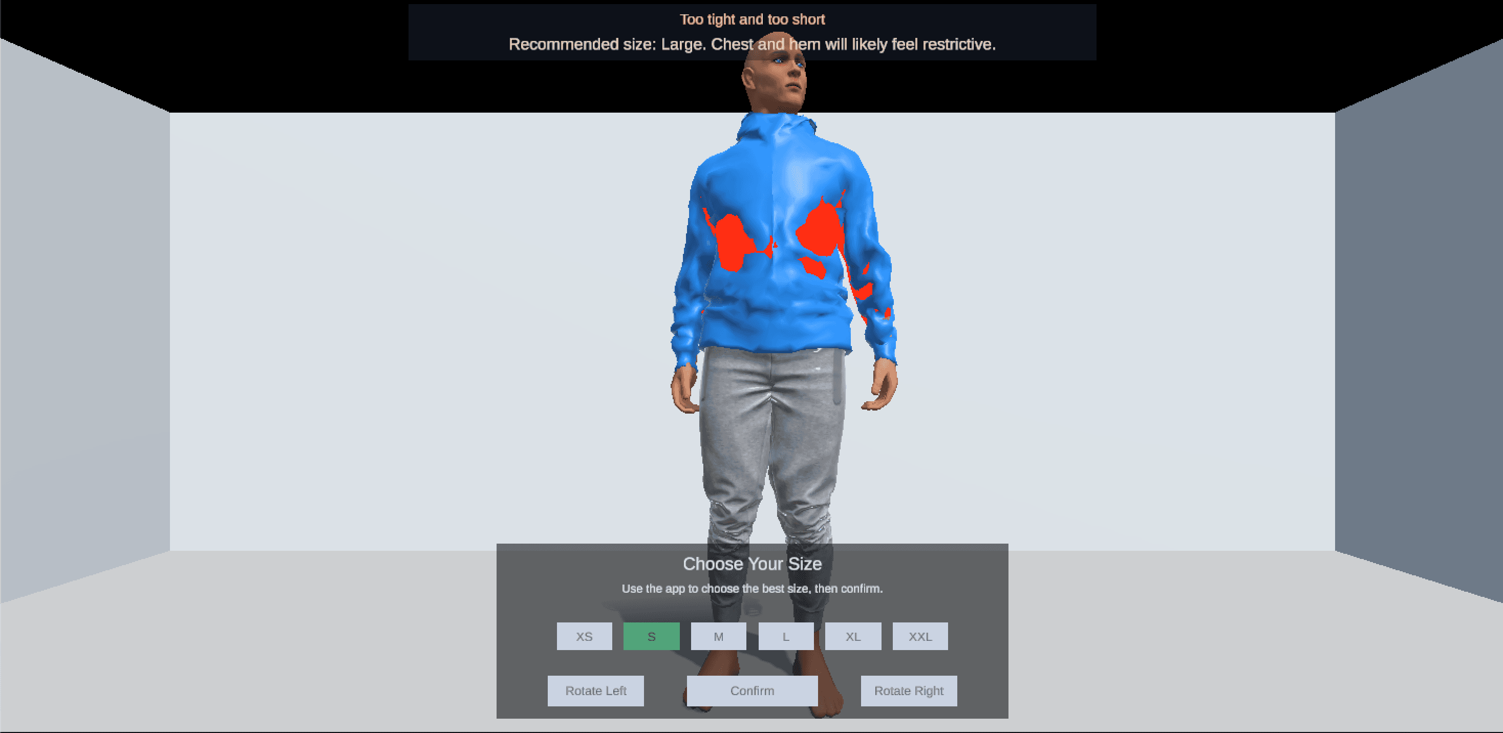 SizeCompare hoodie fit warning screen