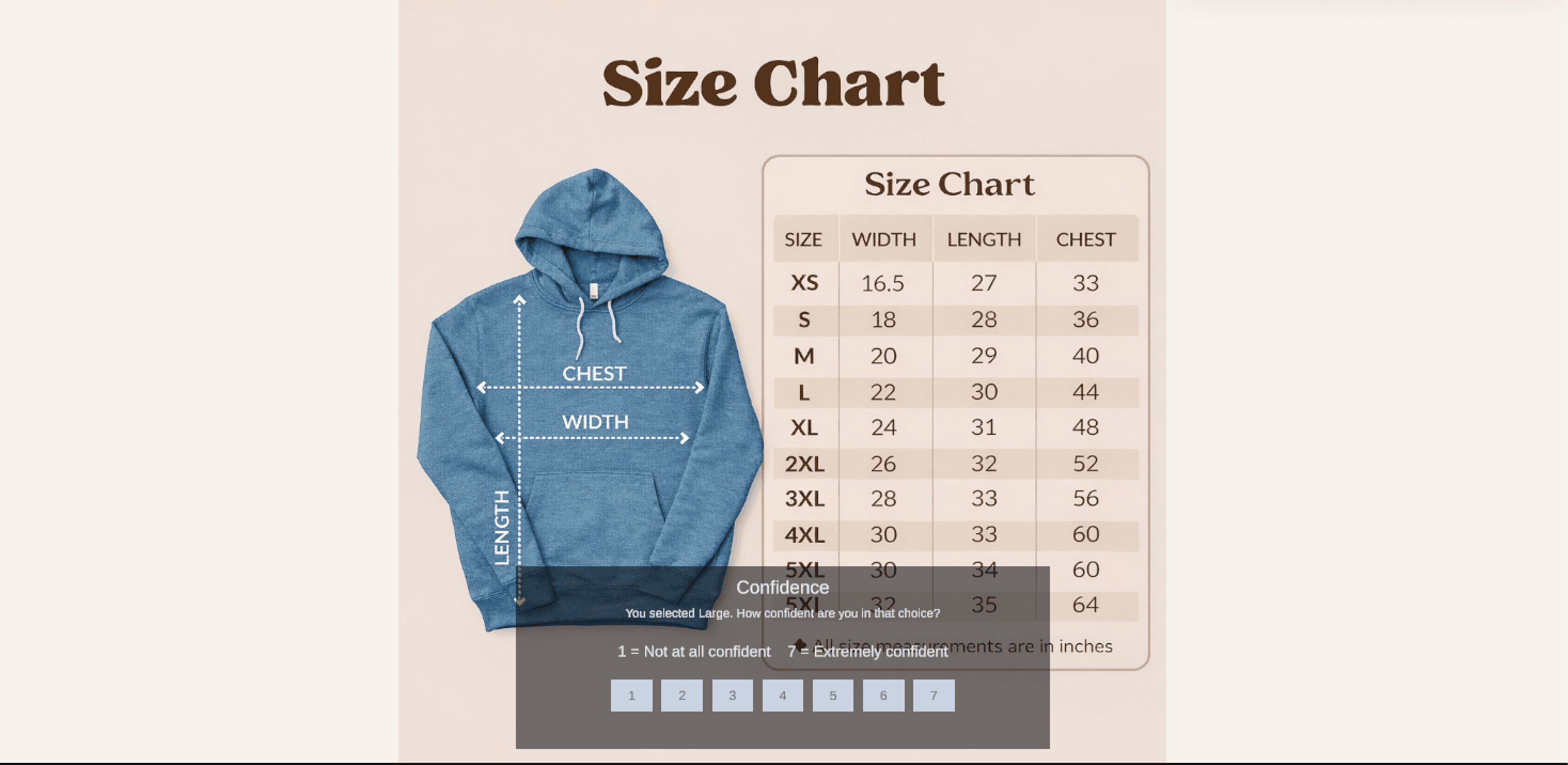 SizeCompare conventional hoodie size chart screen